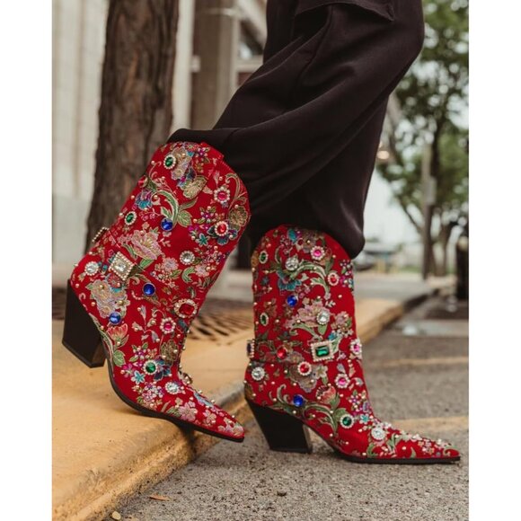 Red Flower Embroidered Rhinestone Mid Calf Pointed Toe Chunky Heel Cowgirl - Picture 5 of 7